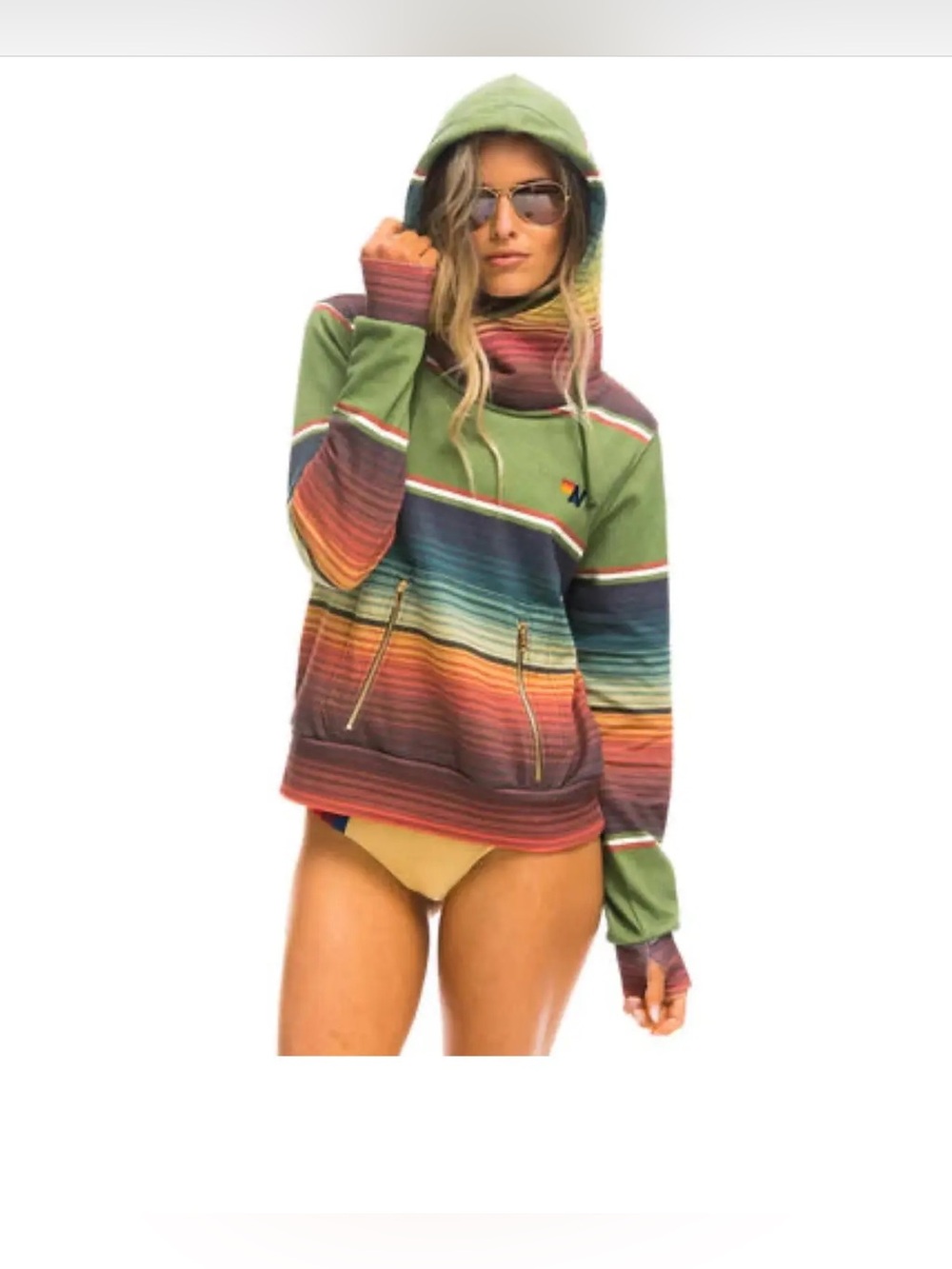 RARE Aviator Nation Ninja Green Serape Rainbow Stripe Hoodie Unisex Medium